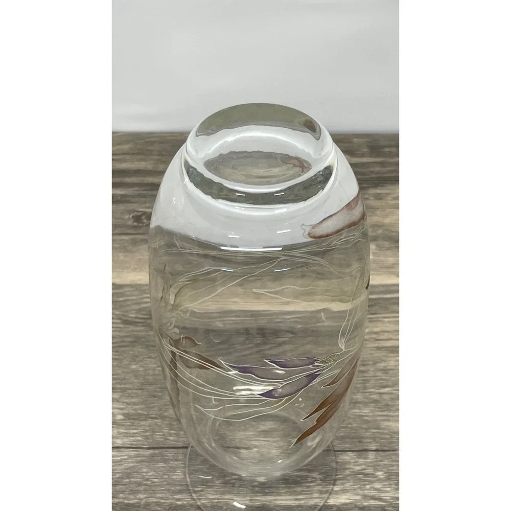 Handmade Glass Floral Vase Hand Painted Leaf Design Clear Purple Brown Excellent